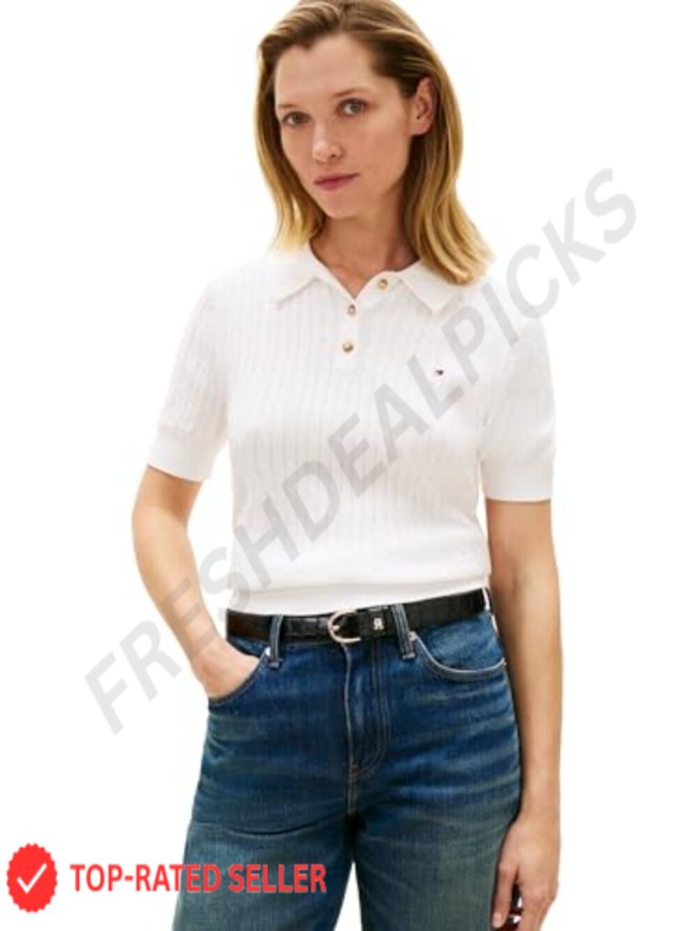 Short Sleeve Cable Knit Polo Sweater V Neck Cotton Pullover Women's